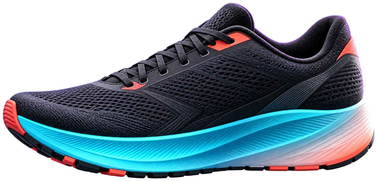 CITY PULSE LUMEN Laufschuh – schwarzes Strick-Obermaterial, cyanfarbene Mittelsohle mit Verlauf zu Koralle